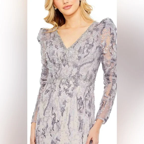 NWT $798 MAC DUGGAL 20425 V-Neck Embellished Puff Sleeve Gown Lilac Dress Purple - Picture 3 of 5